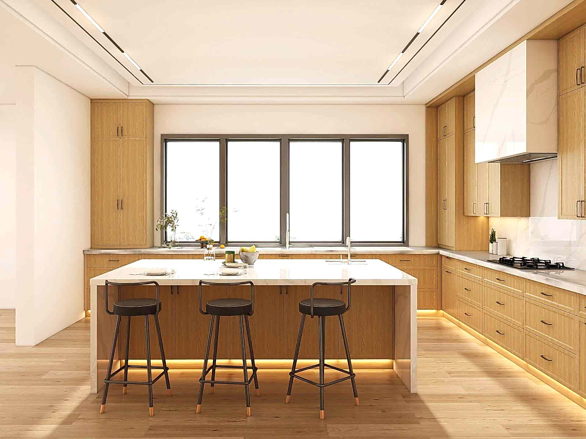 Plywood Kitchen Cabinets 12 Birch plywood kitchen furniture with quartz island countertop and industrial-style black barstools beneath large windows.