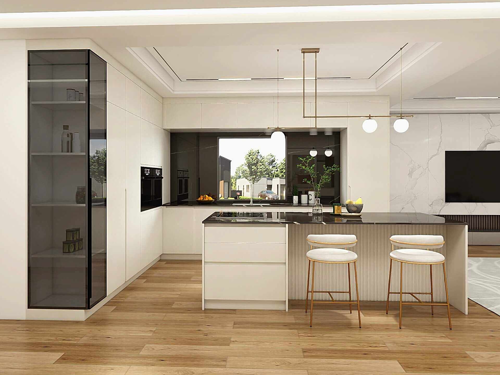 Plywood Kitchen Cabinets 15 Custom plywood kitchen cupboards with taupe finish, marble island and cylindrical black range hood.