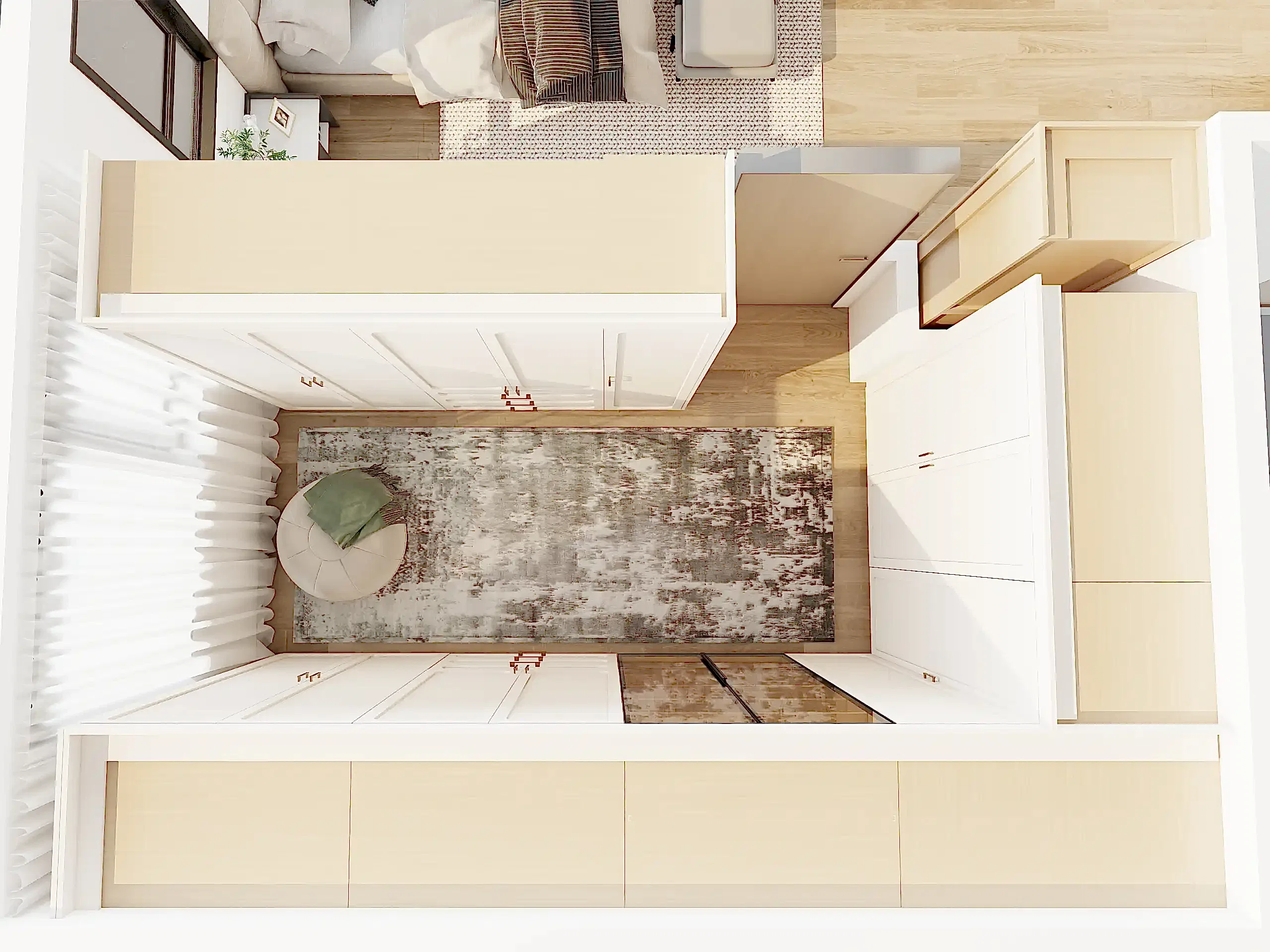 Walk In Closet 19 aerial view of walk in closet with white cabinets beige shelving and cozy seating area