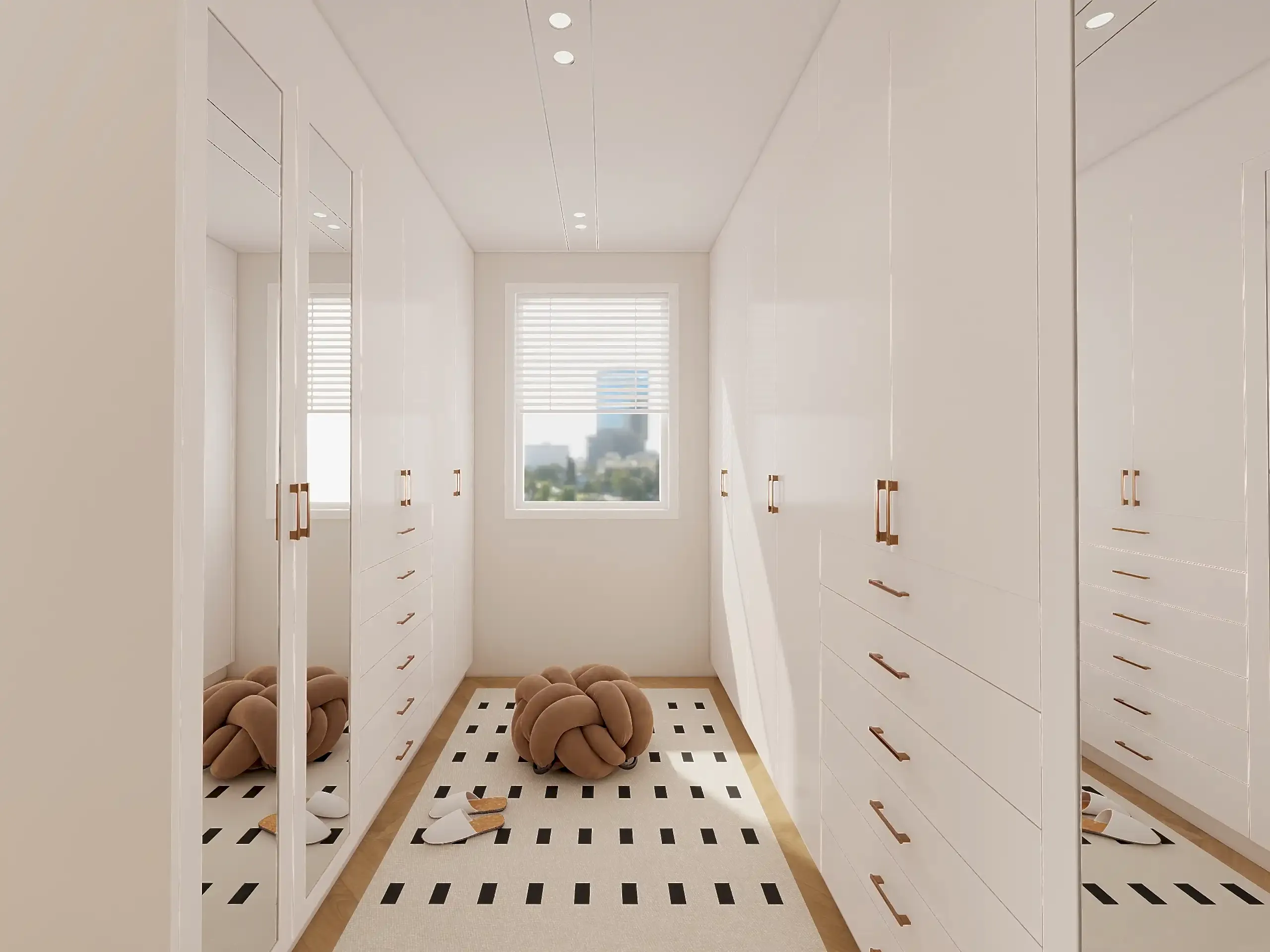 Walk In Closet 21 double-sided layout minimum width of walk in closet with mirrored doors organized drawers and natural light from window