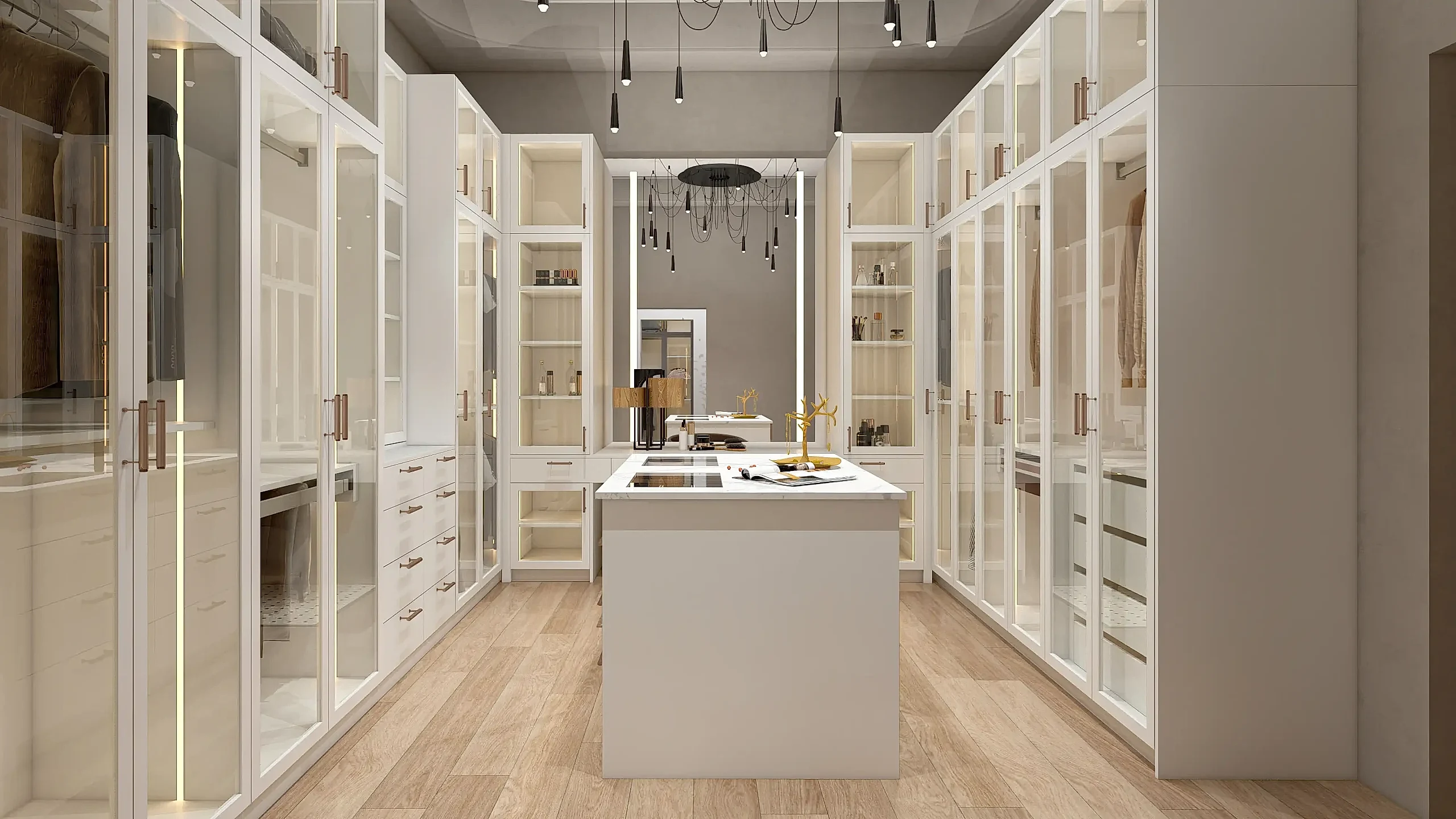 Walk In Closet 23 U shaped layout walk in closet with glass front cabinets central island and modern lighting design scaled