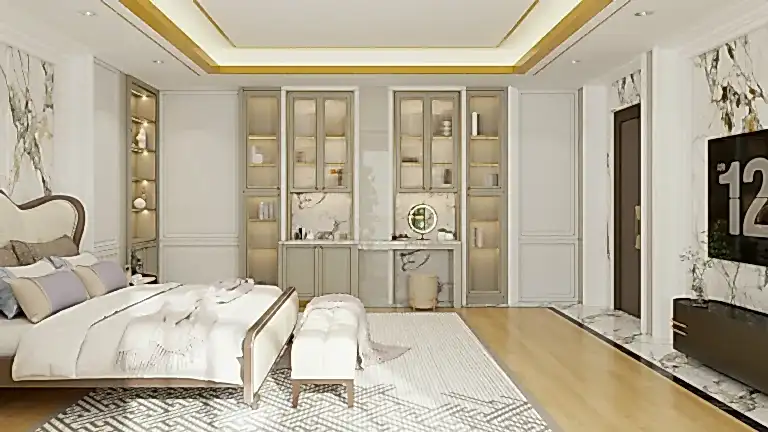 Custom Wholesale Cabinets 34 A custom wardrobe with sliding doors and built-in shelving in a master bedroom.