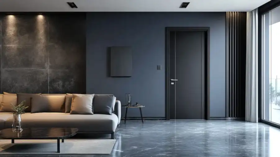 Interior Door 5 A cool black interior door with blue undertones, standing out against gray walls and modern design elements.