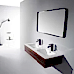 Sanitary Ware 24 Contemporary double sink vanity with black faucets and wooden base featuring a sleek mirror