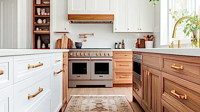 Blog 17 Two-tone kitchen with white uppers, wood lowers, and mixed gold cabinet knobs and pulls for a balanced, layered look.