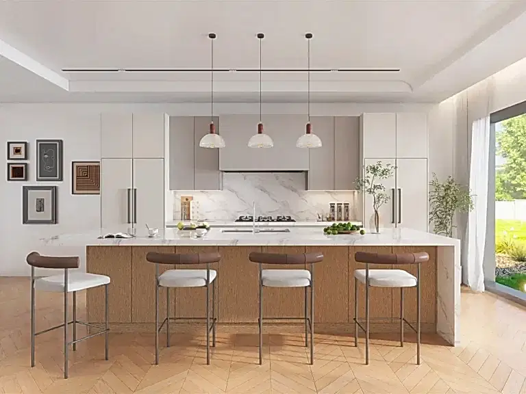 Blog 9 One wall kitchen layout featuring appliance garage cabinets that hide coffee machines and small countertop appliances