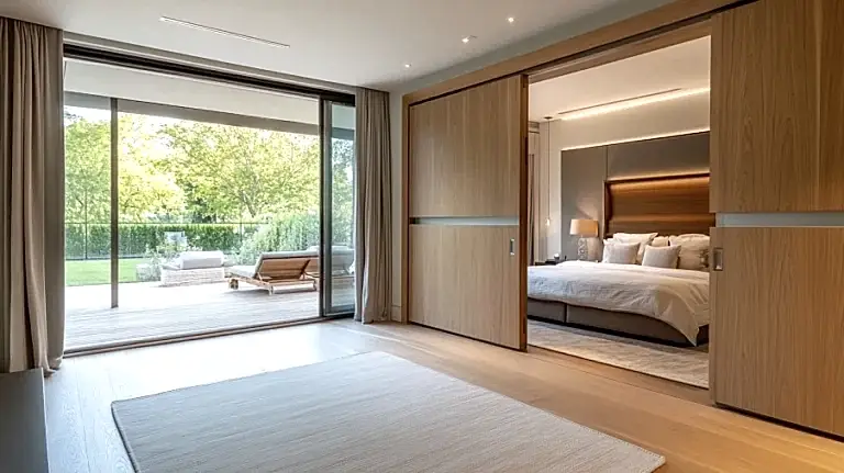 Blog 5 A cozy bedroom with a solid wood pocket door for privacy and elegance.