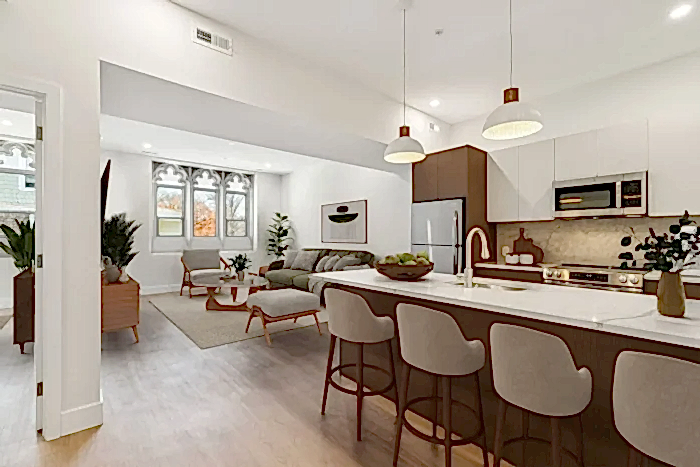 Open plan kitchen design with Gothic windows, New Jersey apartment project Background