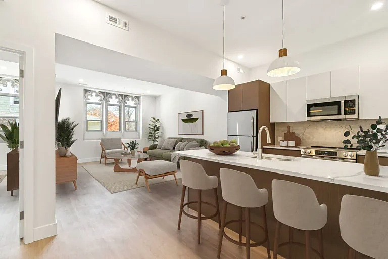 Blog 2 Open plan kitchen design with Gothic windows, New Jersey apartment project Background