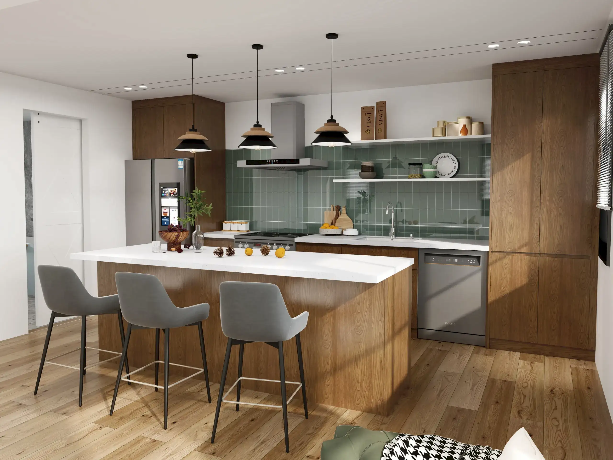 Melamine Kitchen Cabinets 10 Dark oak melamine cabinetry paired with bold green wall tiles creating a modern kitchen with natural wood textures.
