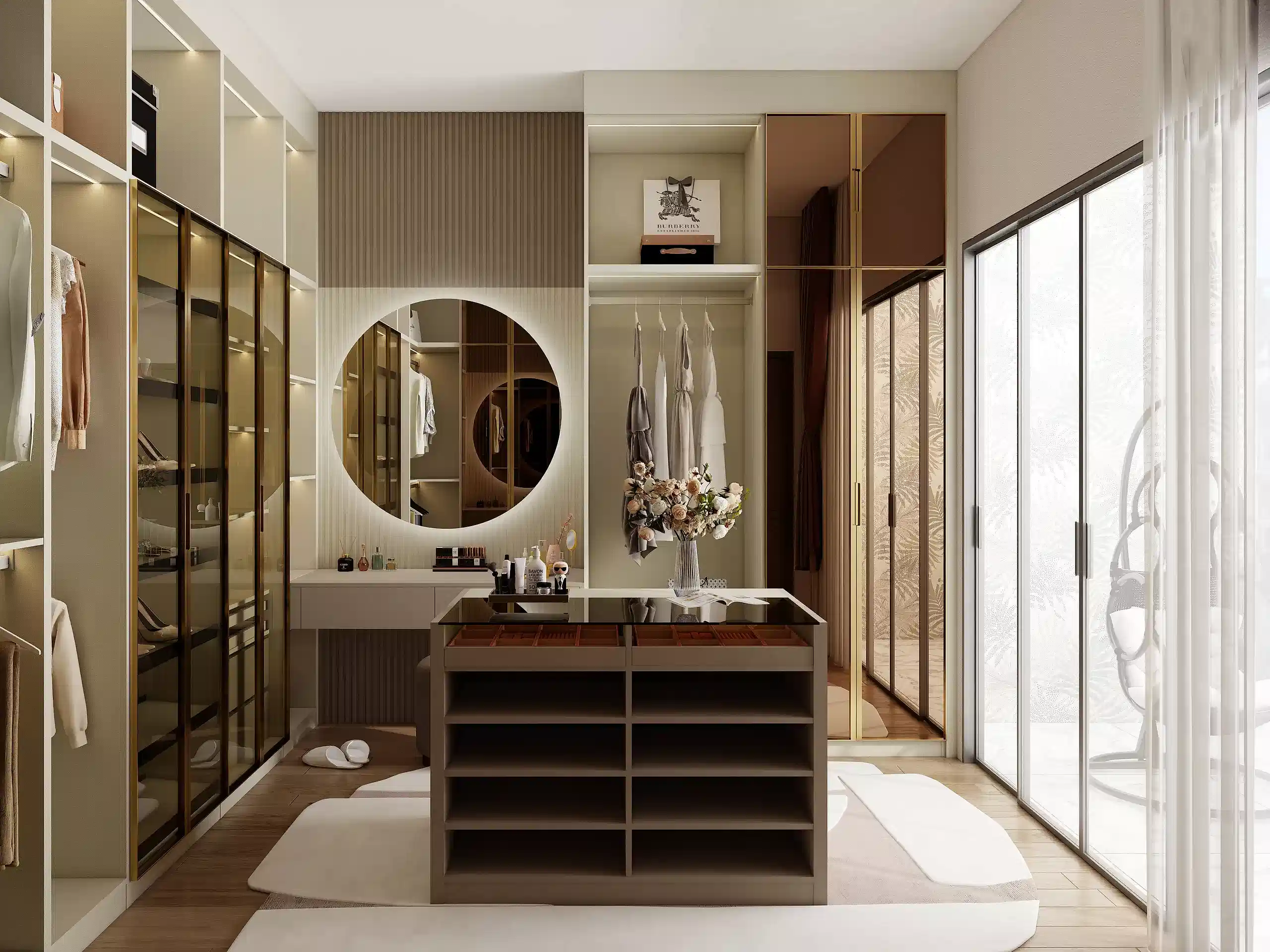 Walk In Closet 16 Luxury walk in closet with modern design featuring round mirror island storage and elegant glass fronted cabinets