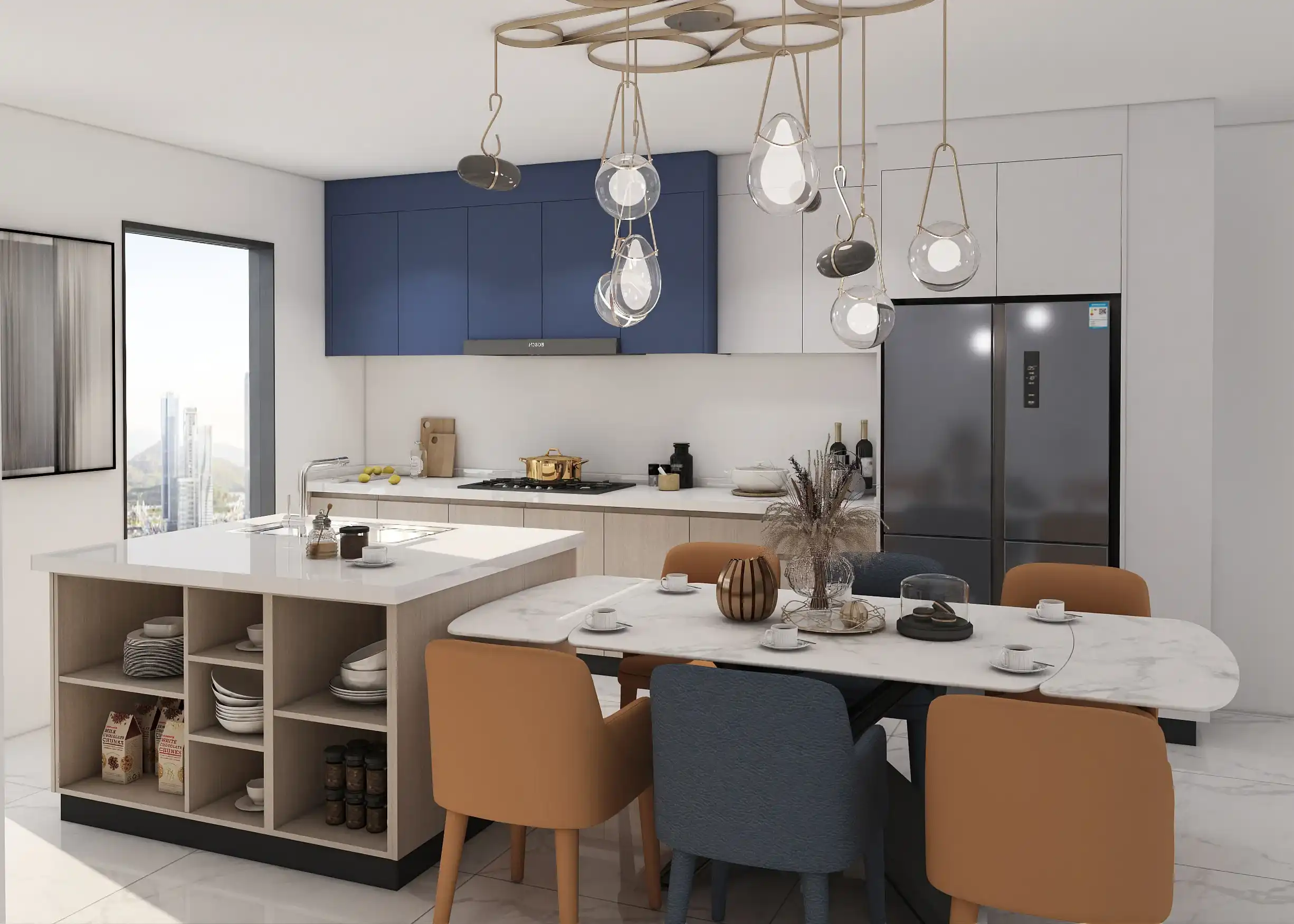 Melamine Kitchen Cabinets 9 stylish blend of deep blue and light wood cabinetry with an open island for added functionality contemporary lighting and a spacious dining area