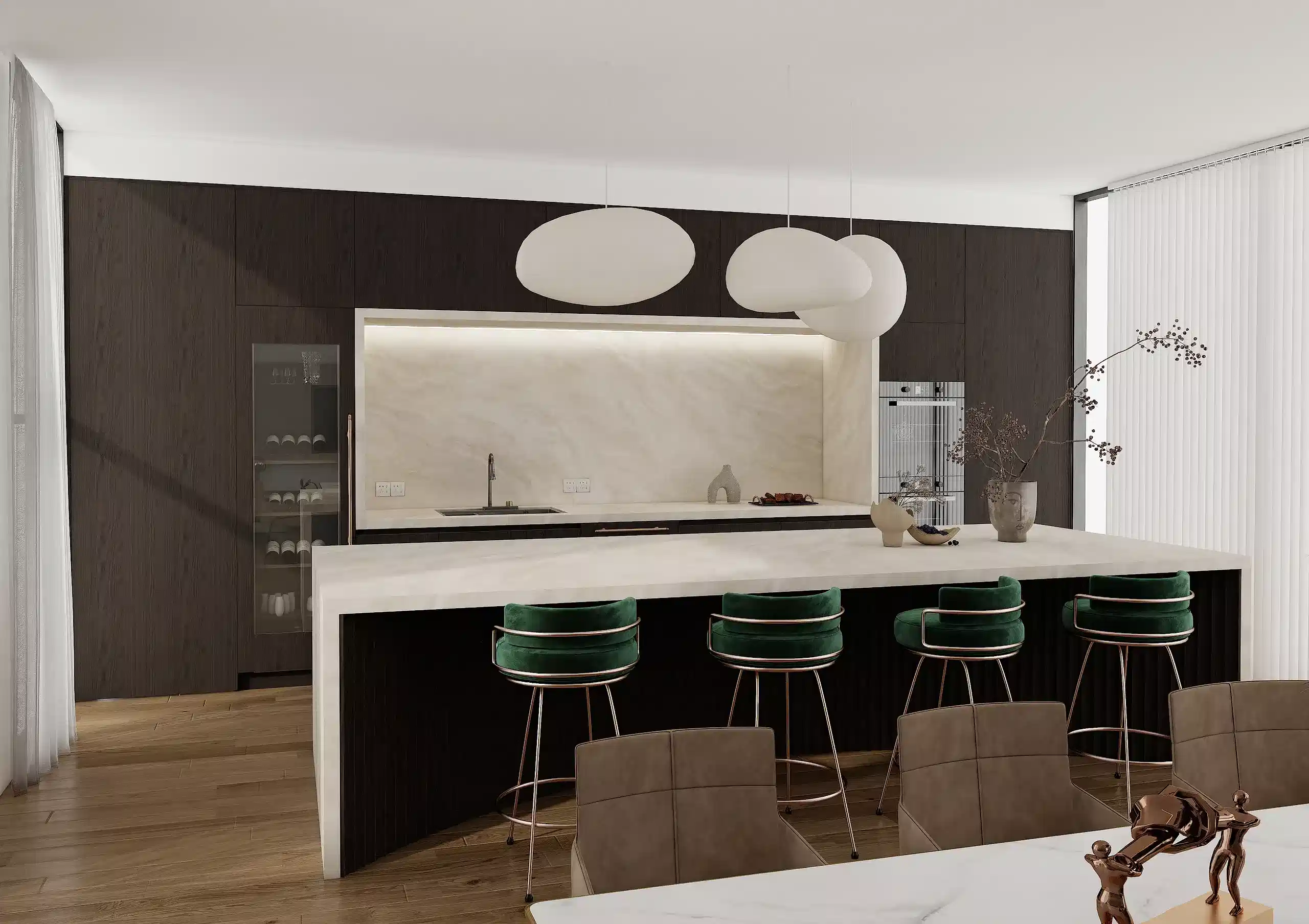 Wood Veneer Cabinets 16 Dark wood veneer cabinets paired with a sleek marble countertop complemented by green velvet stools and contemporary lighting