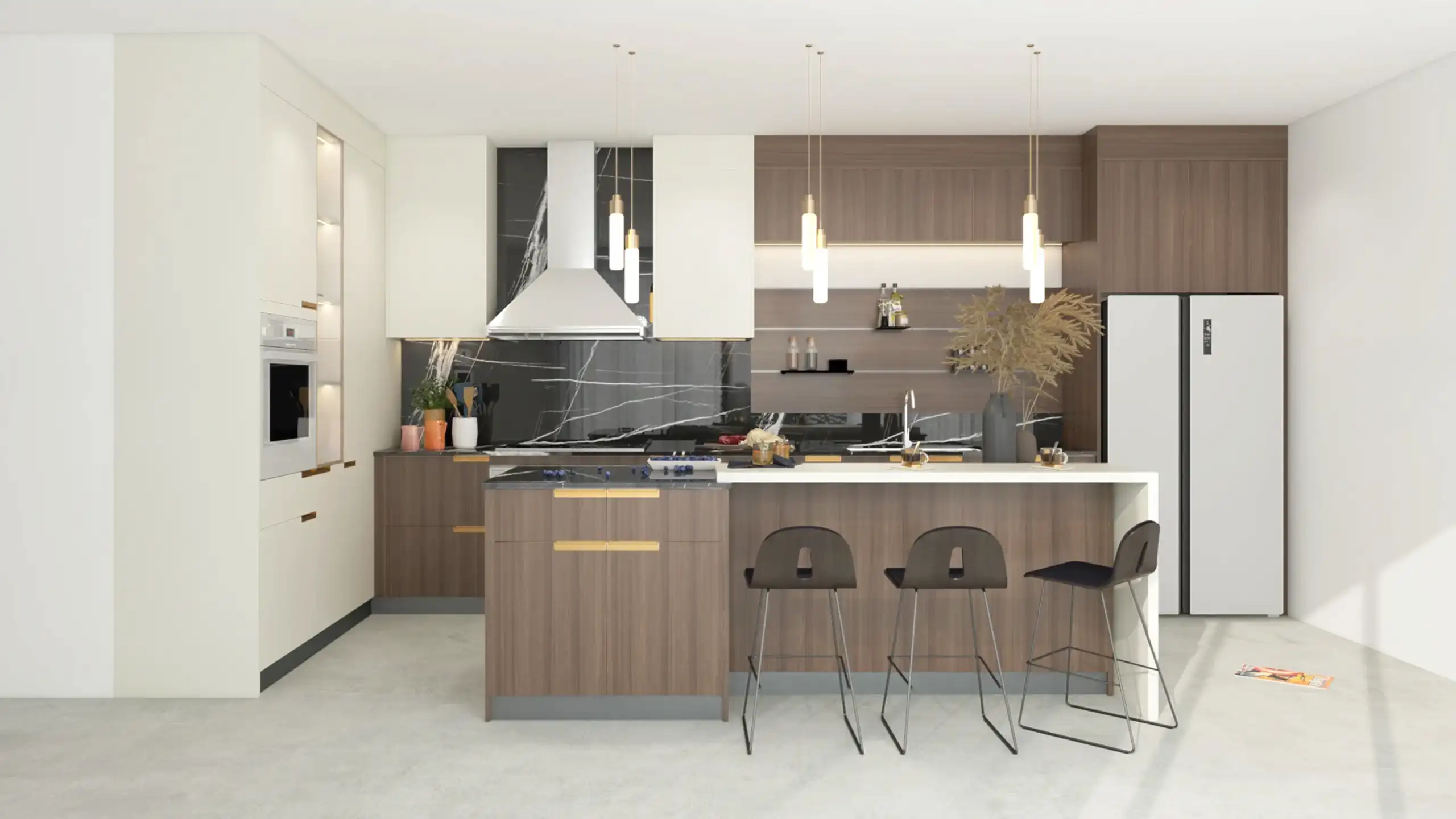 Melamine Kitchen Cabinets 11 Sophisticated kitchen with dark melamine cabinetry paired with contrasting light walls, creating a sleek and modern atmosphere